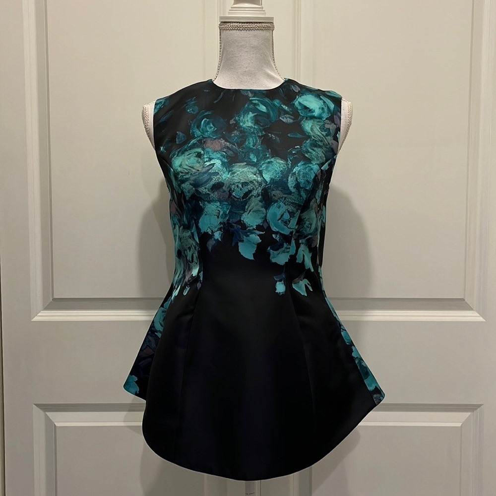 Lela Rose Turquoise Blue Floral Print Sleeveless Top